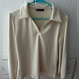 NWOT PrettyGarden Cream Ribbed Women's Top w/VNeck and Long Sleeves Collared